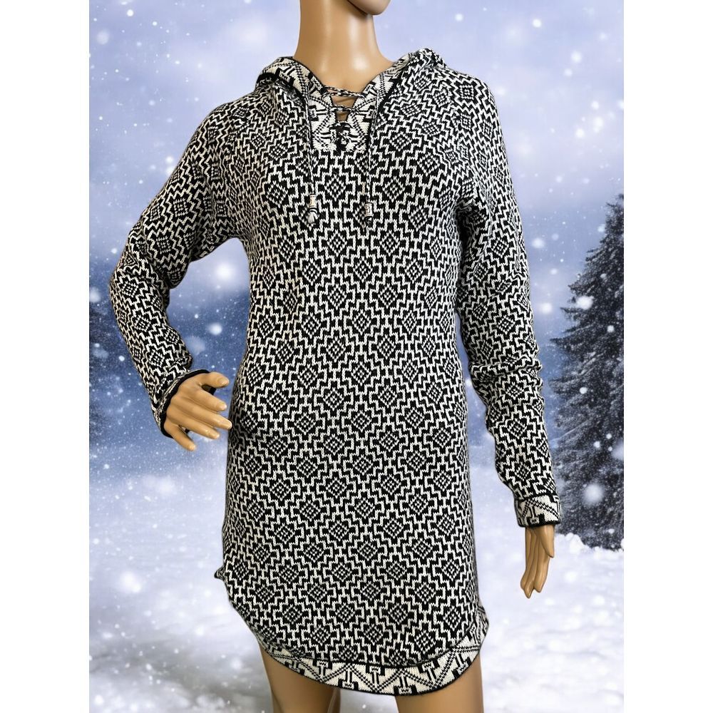 Artesania Peruvian Alpaca Hooded Sweater Dress Geometric Black White Lace Up M‎